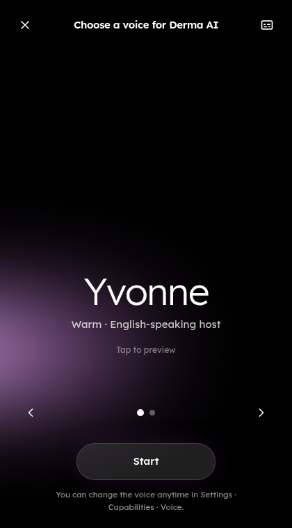 Derma AI Live voice picker letting you choose a voice before starting a real-time voice chat