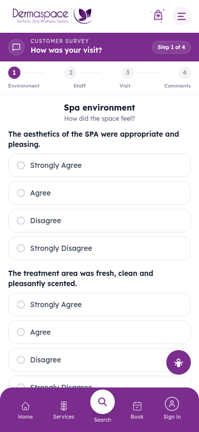 Dermaspace survey form step asking about the spa environment